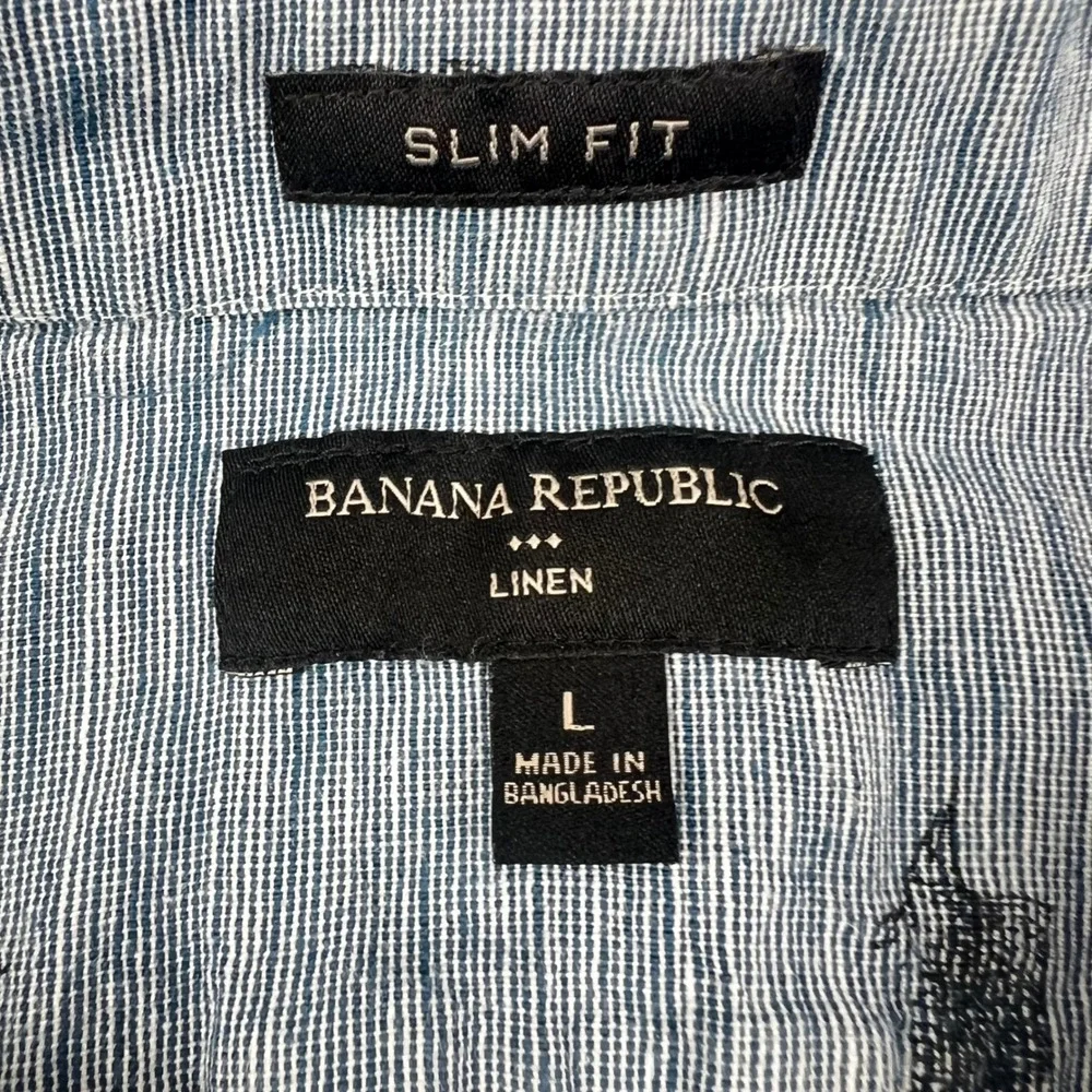 Banana Republic Mens Slim Fit Linen Shark Sailfish Print Shirt Blue Large 547